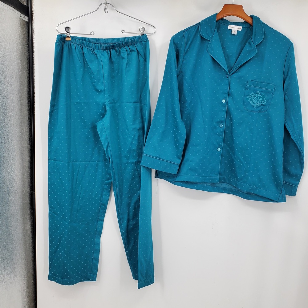 Miss Elaine Teal Blue Polka Dot Jacquard Pajama Set Long Sleeve Pants M Lounge